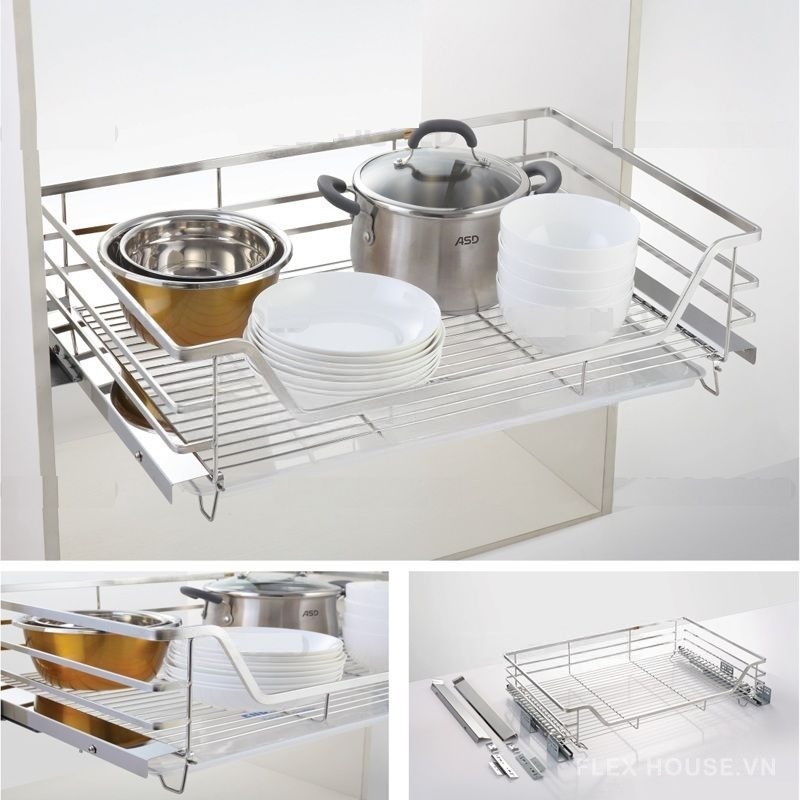 Giá bát đĩa inox mờ âm tủ cao cấp, cánh kéo Euro Gold-EP.B