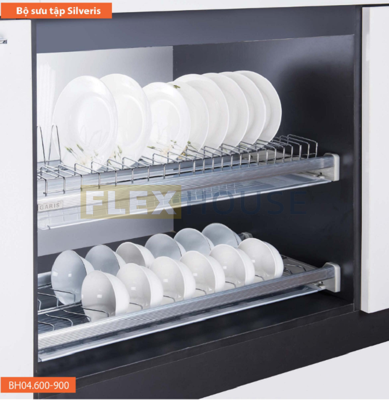 Giá bát đĩa inox nan 2 tầng cố định cho tủ bếp trên Garis BH04.600-900