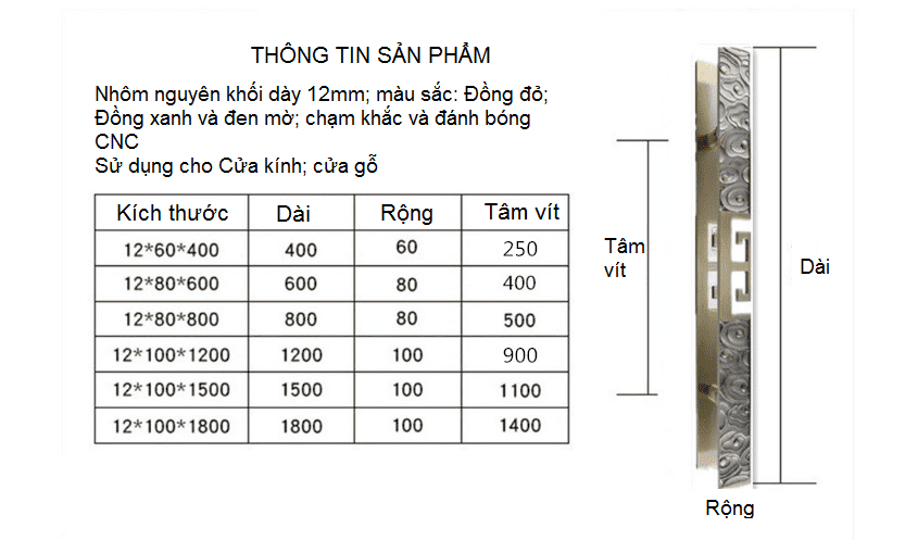 Kich thuoc Tay nắm cửa hợp kim nhôm hoa văn cổ điển 