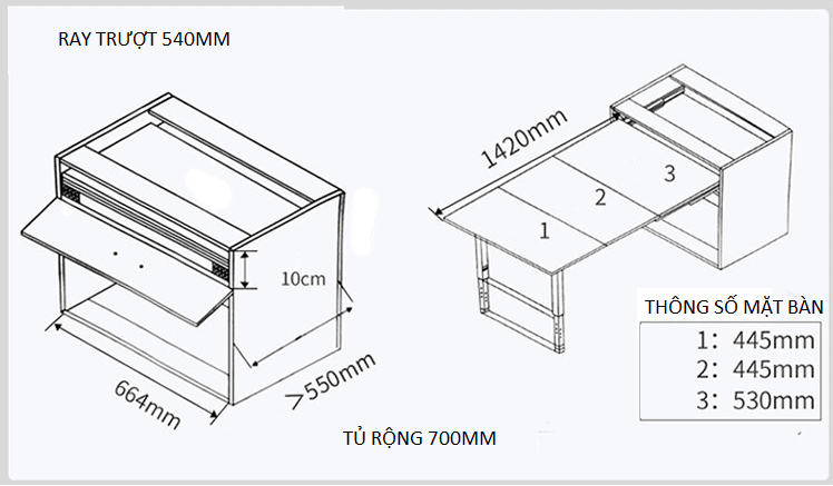 Ray dài 540mm có thể cho bàn dài khi kéo ra đến 1420mm