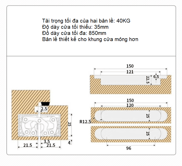 Bản lề âm chữ thập cửa gỗ có điều chỉnh nhiều tải trọng DFL-L030A 22