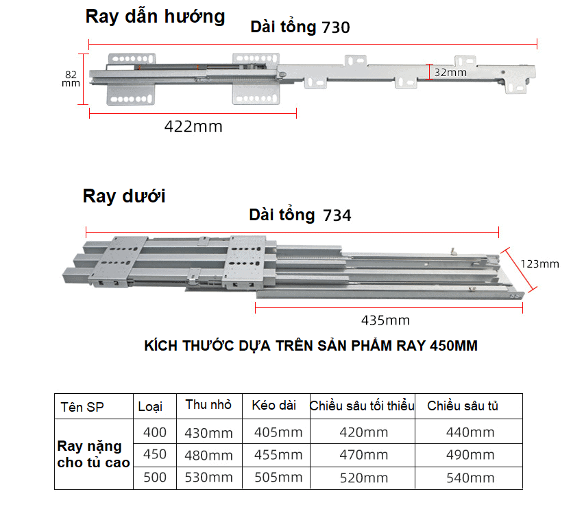 Ray trượt chịu lực cho tủ gỗ cao đa năng MX4-500 8