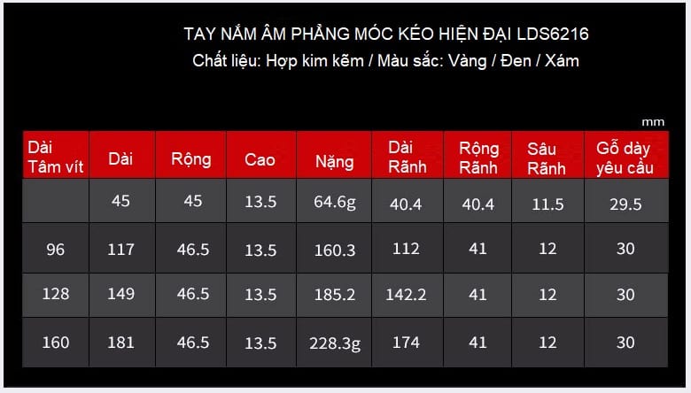 Tay nắm tủ âm phẳng kéo nhiều màu LDS6216 13