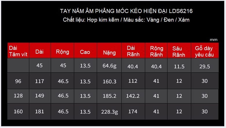 Tay nắm tủ âm phẳng kéo nhiều màu LDS6216 13