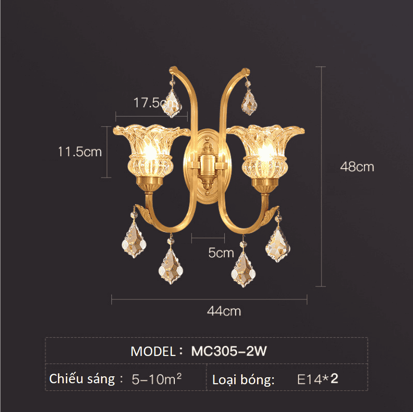 Đèn gắn tường pha lê cổ điền bằng đồng MC021-1W 18 MC305.2
