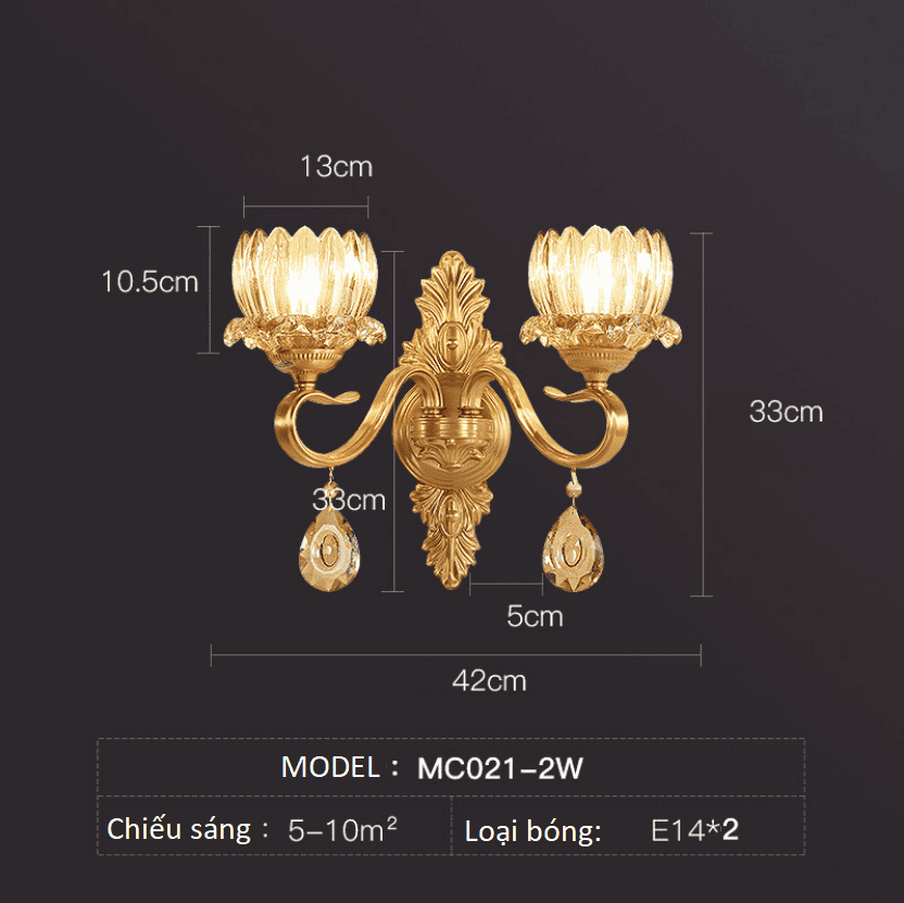 Đèn gắn tường pha lê cổ điền bằng đồng MC021-1W 19 MC021.2