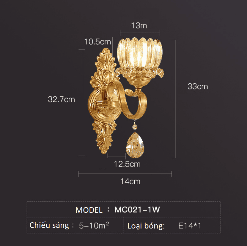 Đèn gắn tường pha lê cổ điền bằng đồng MC021-1W 14 MC021.1