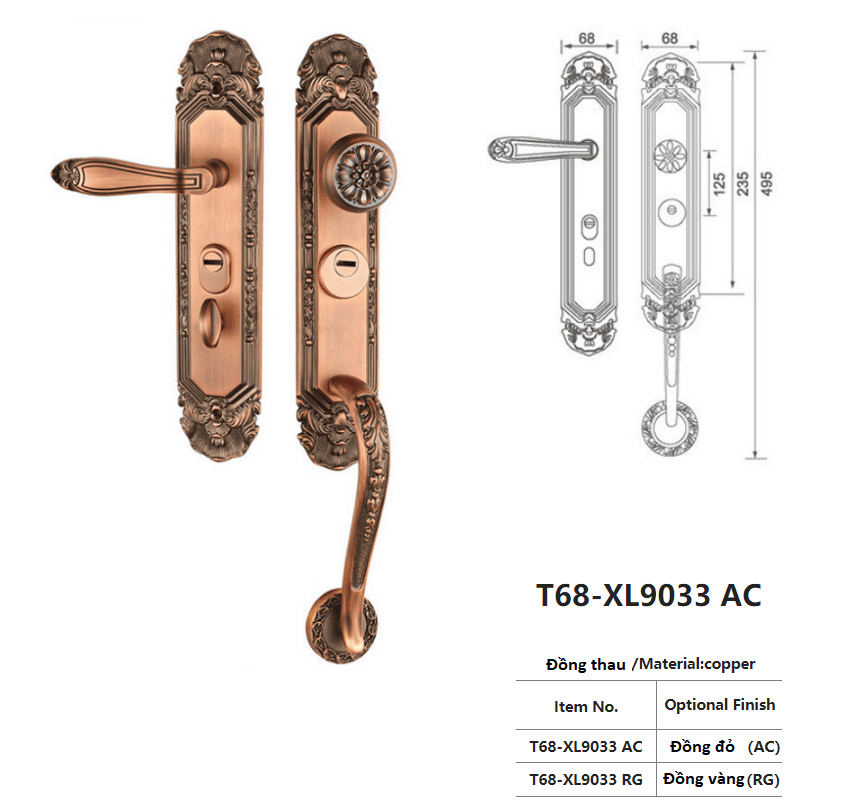 Khóa cửa đại sảnh cổ điển bằng đồng T68-XL9033 9