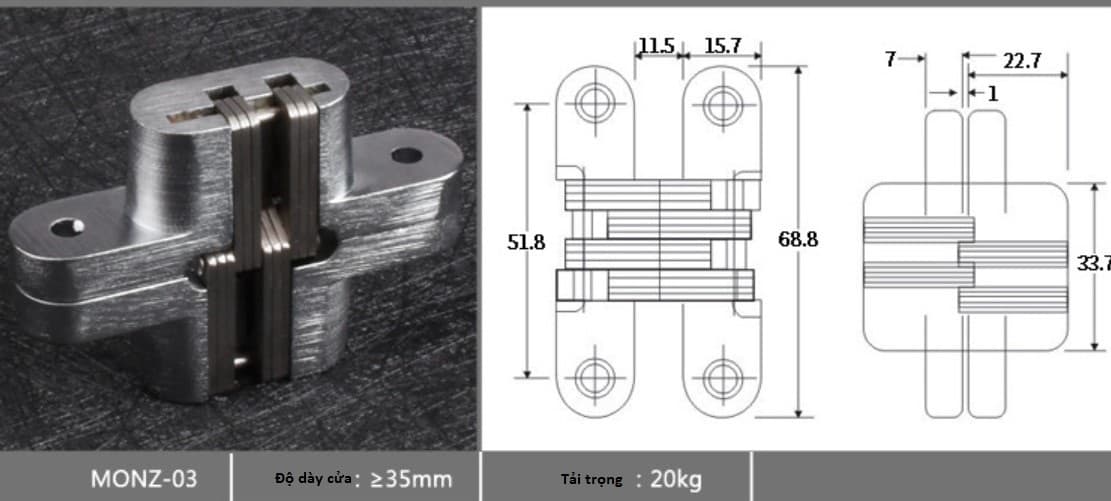 Bản lề âm cửa chữ thập nhiều tải trọng MONZ-CH 7