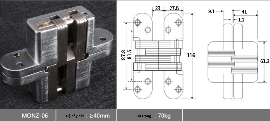 Bản lề âm cửa chữ thập nhiều tải trọng MONZ-CH 10