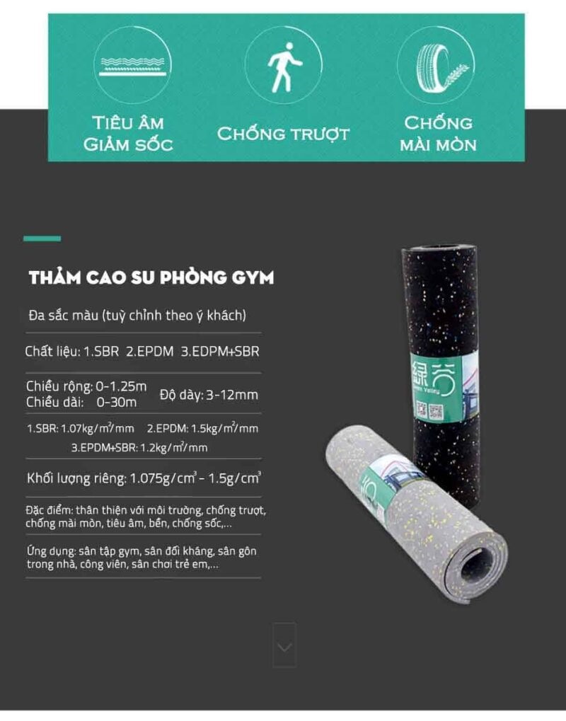 Thảm cao su cuộn phòng gym đốm SBR pha 1m2 TSBEP10 15