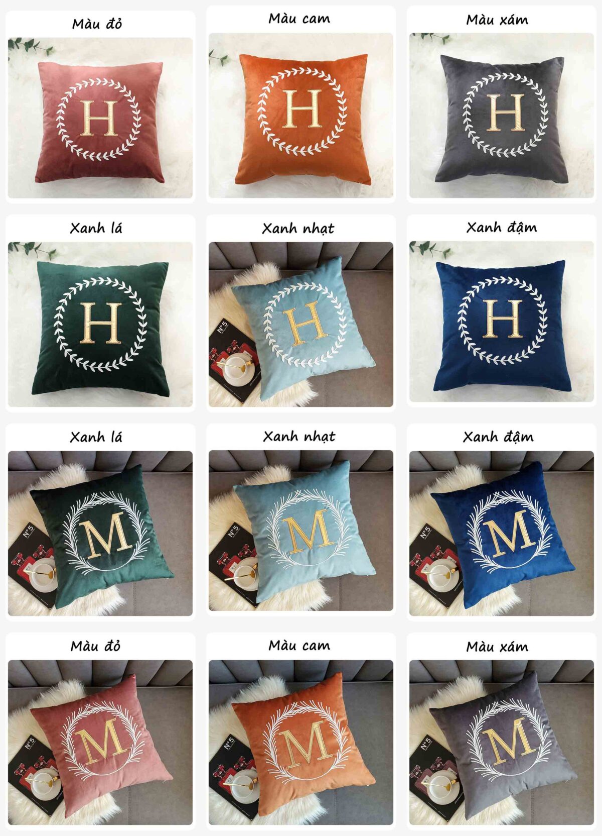 Gối tựa lưng sofa cotton chữ H và M nhiều màu YY1402 5