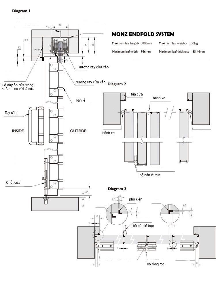 Bộ phụ kiện cửa lùa xếp tải trọng 100kg MO7939 12