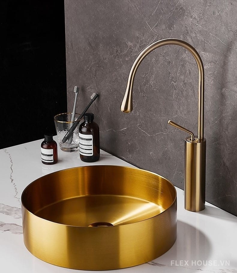 Vòi chậu lavabo tròn bằng inox màu vàng đồng SX5539 5