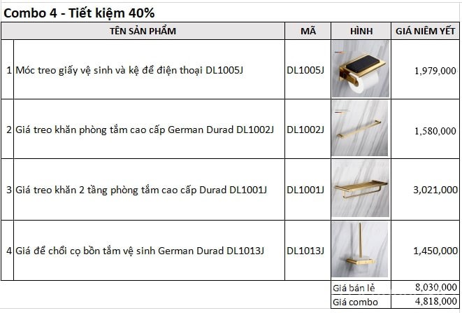Combo 4 phụ kiện nhà tắm cao cấp Germany Durad DL7001
