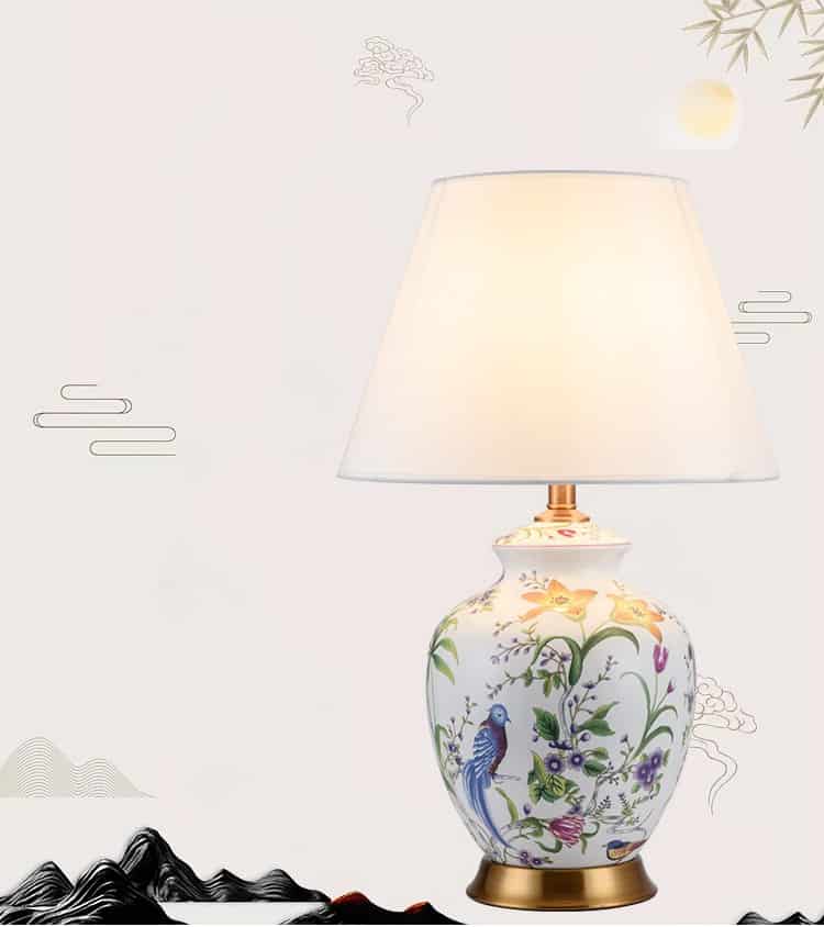 Đèn bàn bằng gốm sứ họa tiết hoa và chim KL2324 11