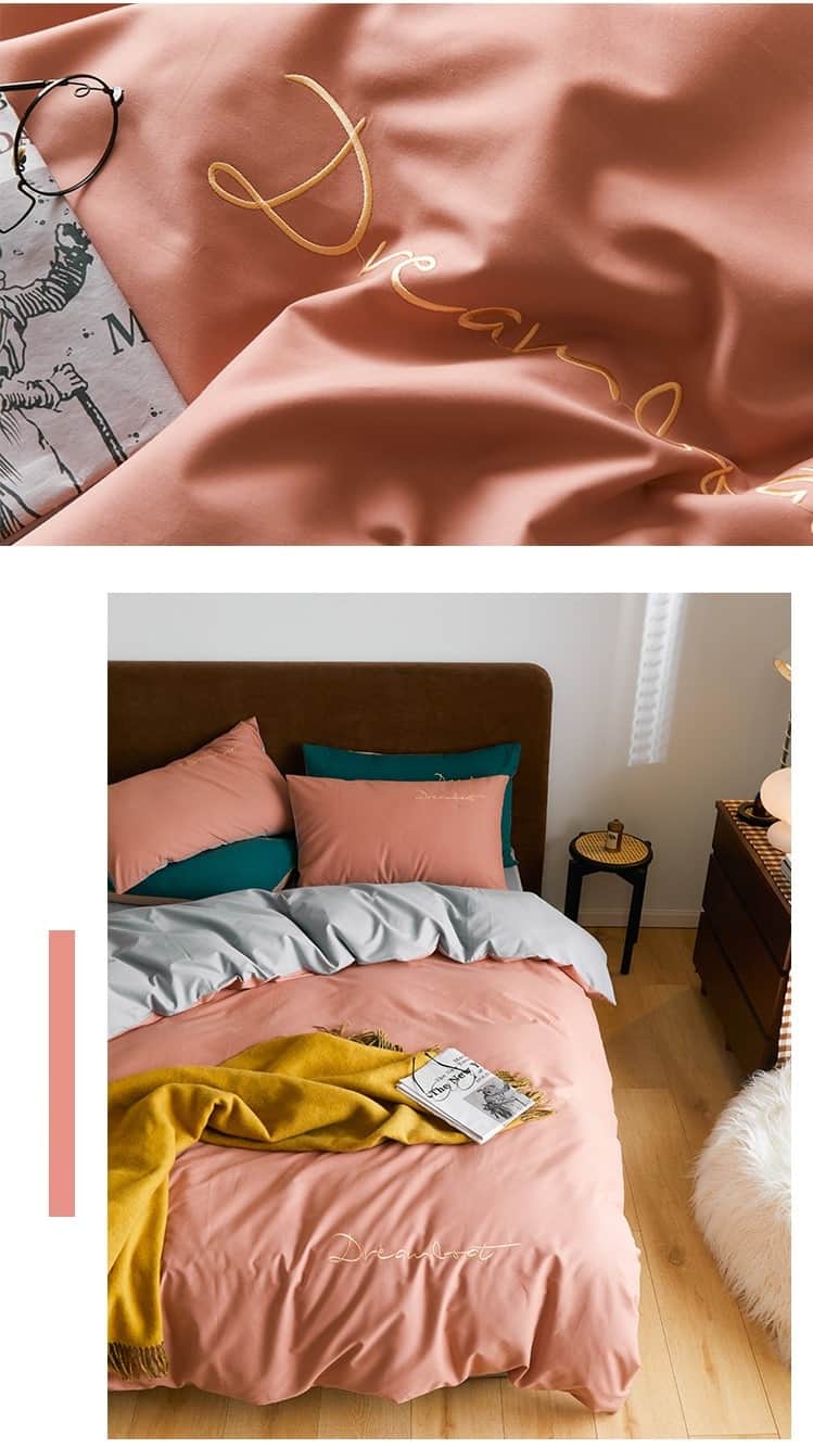Bộ chăn ga giường cotton màu trơn thêu chữ MM3806 16