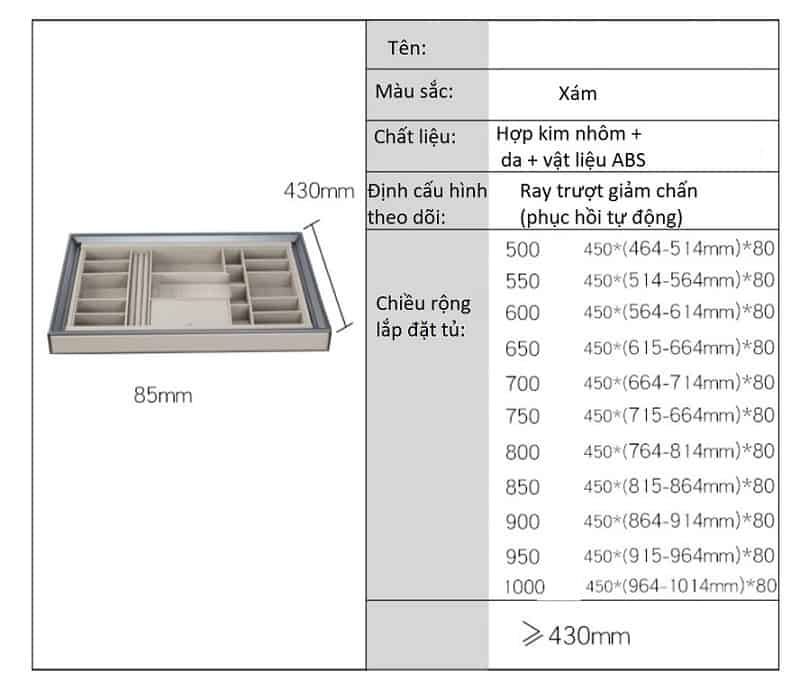 Bộ giá treo tủ quần áo ray giảm chấn màu xám RB3674A 15