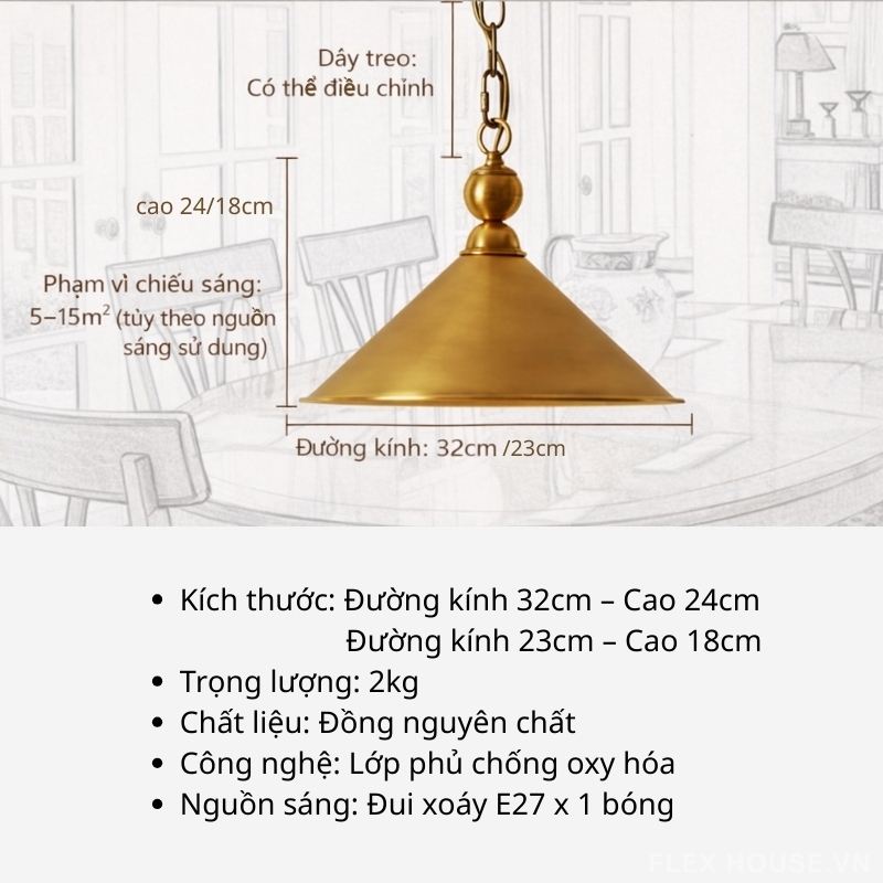 Đèn thả trần bằng đồng hình chóp nón CN301 6 Đèn thả trần bằng đồng hình chóp nón CN301 8