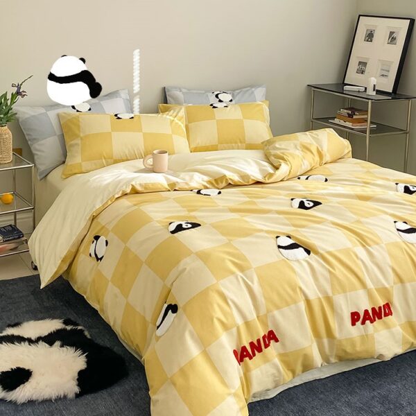 Bộ chăn ga giường gấu panda kẻ caro MM3540