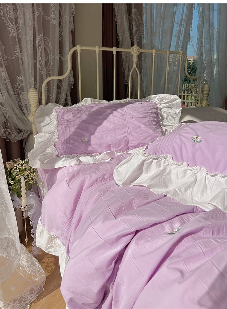 Bộ ga giường màu tím thêu hoa lãng mạn MM0375 5