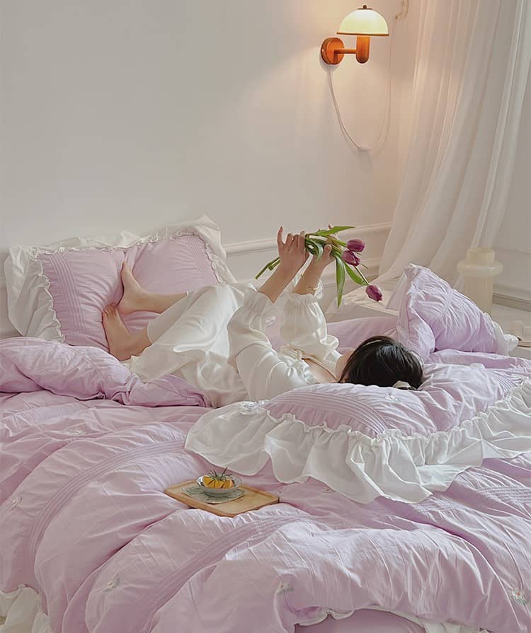 Bộ ga giường màu tím thêu hoa lãng mạn MM0375 12