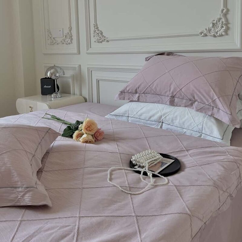 Bộ chăn ga gối màu hồng họa tiết hình thoi MM1884B 2