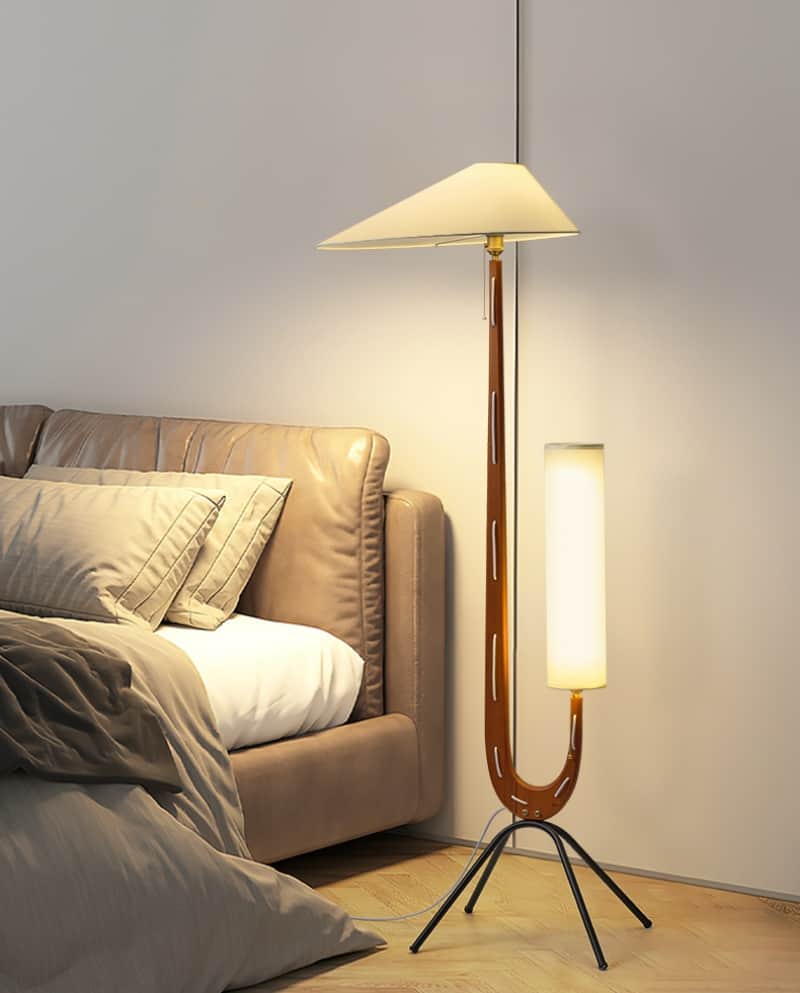 Đèn sàn thân gỗ 2 đầu đèn vải hiện đại sáng tạo HX8995 5