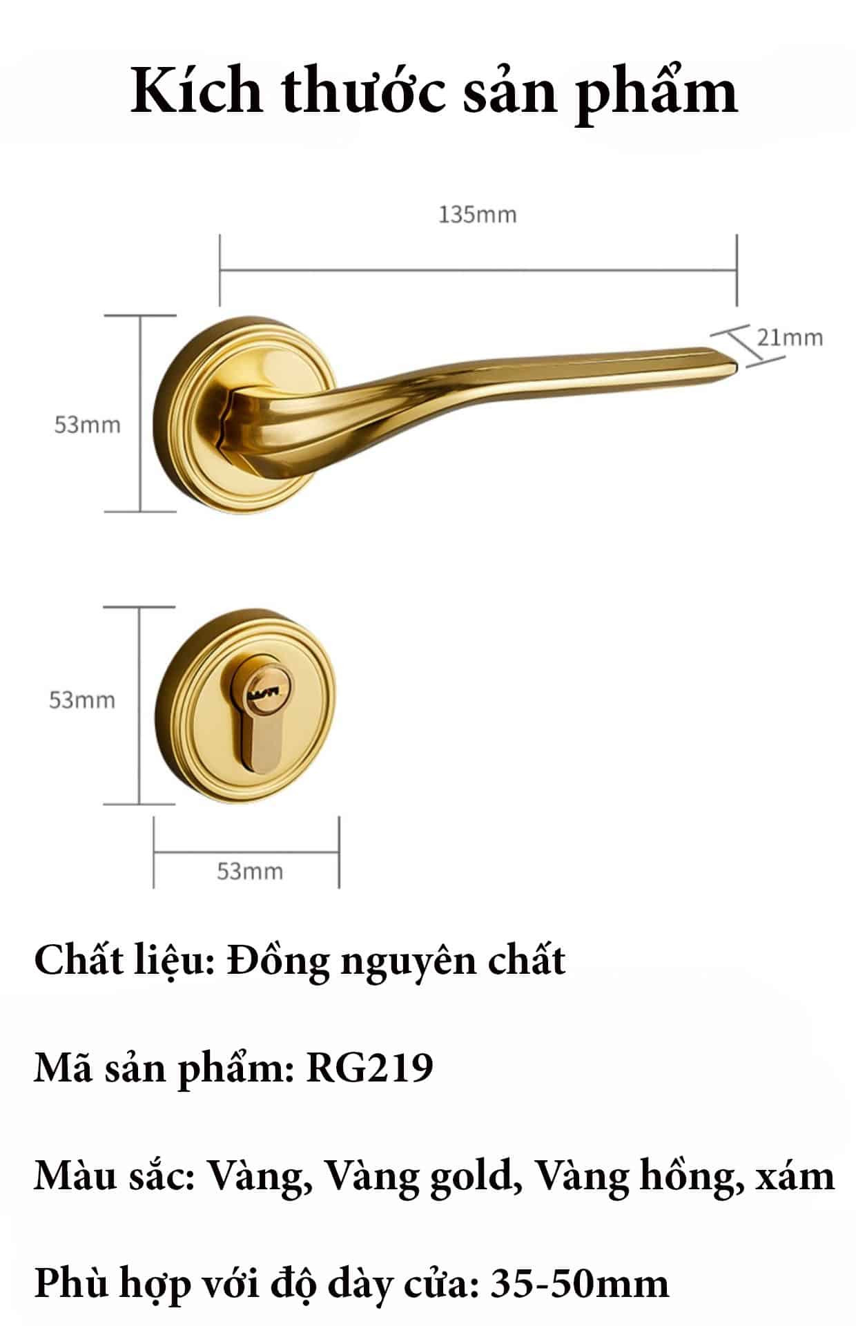 Khóa cửa tay gạt đồng thau nguyên chất RG219 22