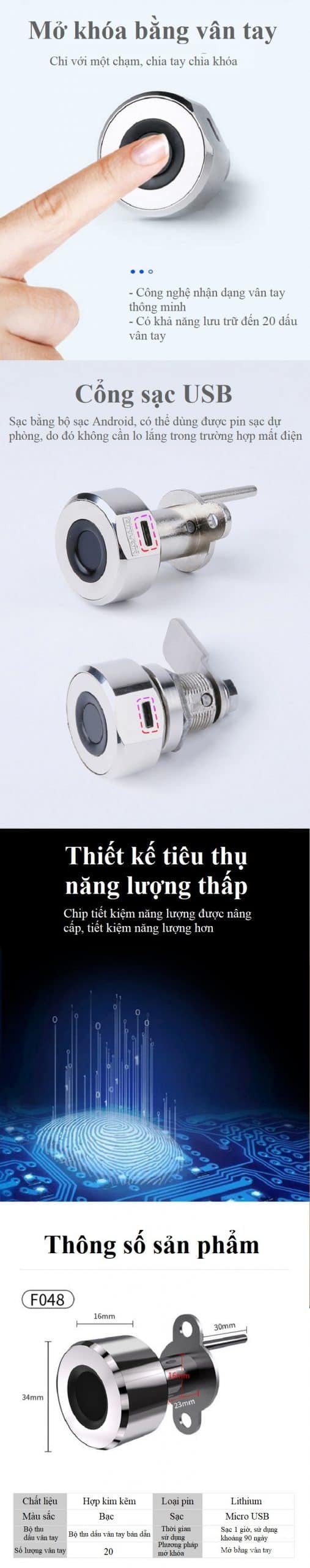 Khóa vân tay cho hộc tủ kéo 1-3 ngăn YLF048 4