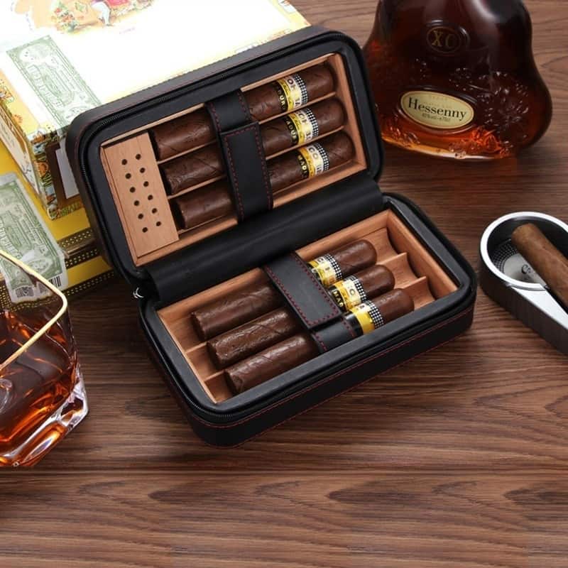 Hộp gỗ đựng cigar cầm tay bọc da G6185
