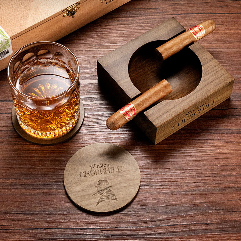 Gạt tàn Cigar 2 điếu bằng gỗ kèm đế lót ly CGL7292 7