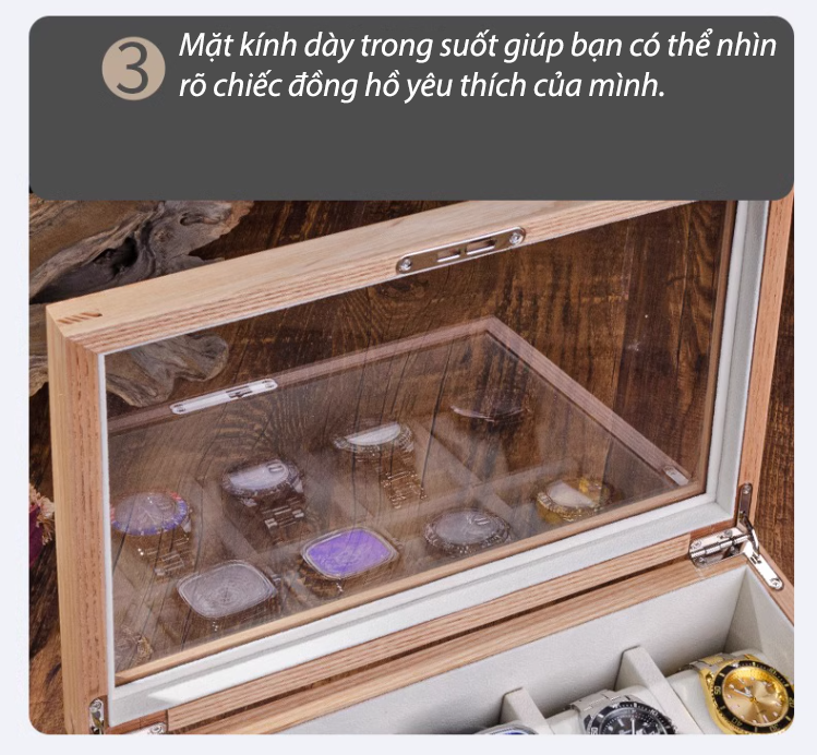 Hộp đựng đồng hồ nhiều ngăn bằng gỗ tần bì HYX103 11