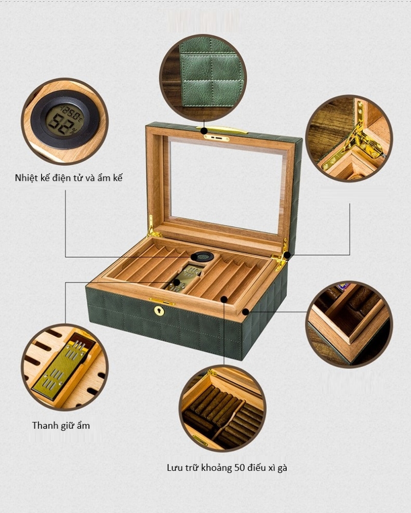 Hộp giữ ẩm cigar 50 điếu bằng da sang trọng LBS611 12