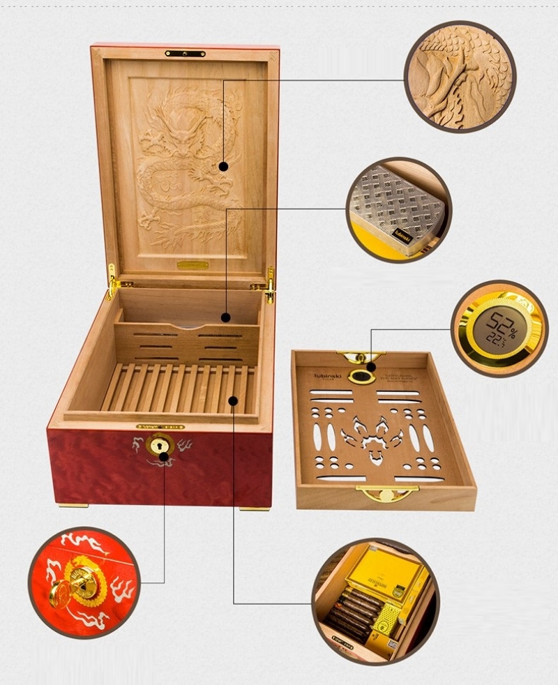 Hộp giữ ẩm cigar chạm khắc Rồng vàng cưỡi mây LBS639 11