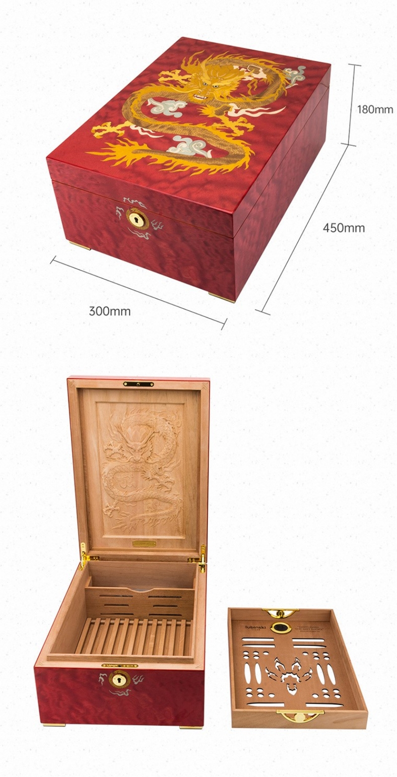 Hộp giữ ẩm cigar chạm khắc Rồng vàng cưỡi mây LBS639 12