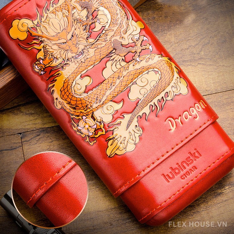 Hộp da đựng cigar 3 điếu hoạ tiết rồng châu Á LBS788 10