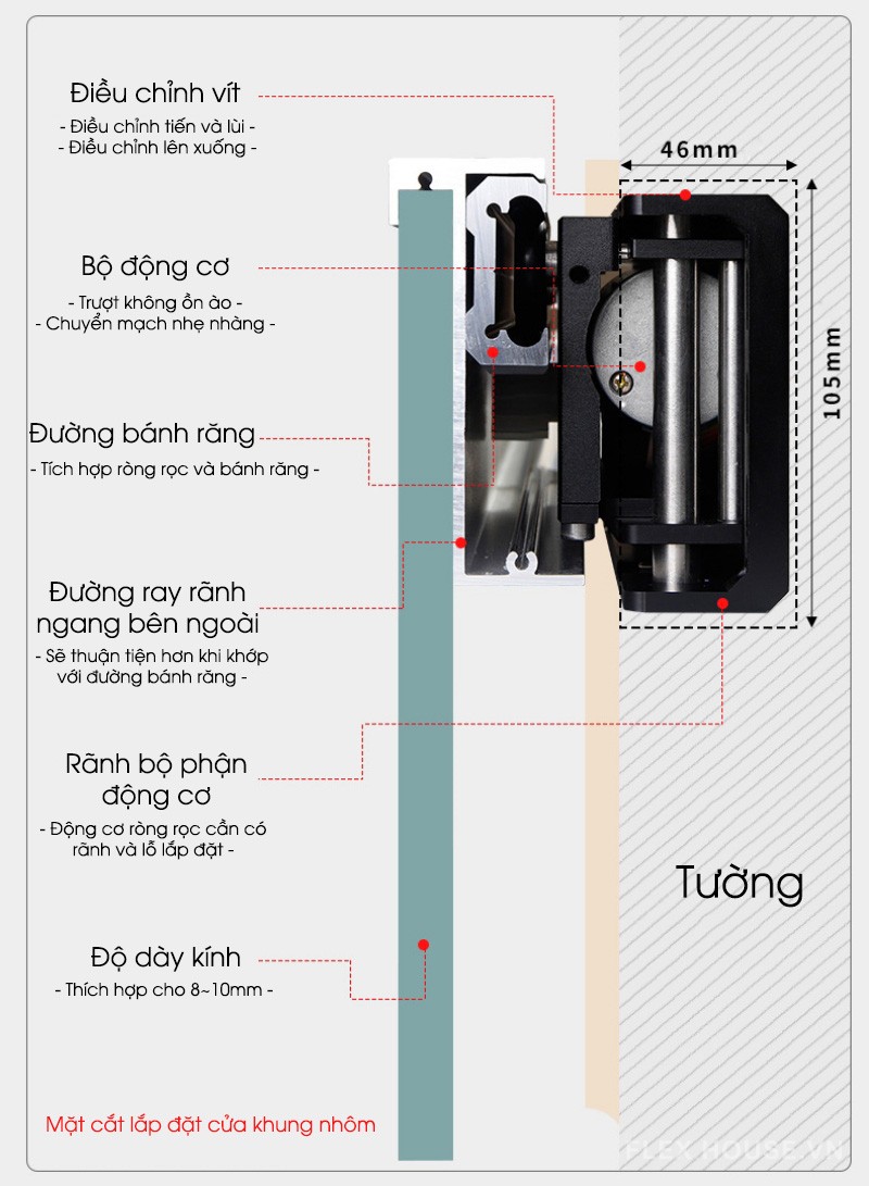 Bộ phụ kiện cửa lùa âm bằng điện cho cửa nhôm cửa gỗ YG312 13