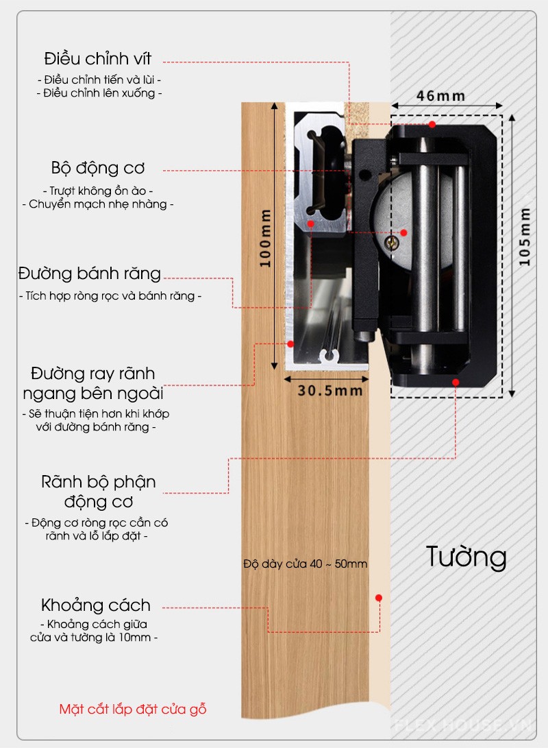 Bộ phụ kiện cửa lùa âm bằng điện cho cửa nhôm cửa gỗ YG312 12