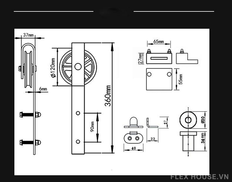 Ray trượt barn door thép carbon kiểu Mỹ RT1455 8 Ray trượt barn door thép carbon kiểu Mỹ RT1455 12