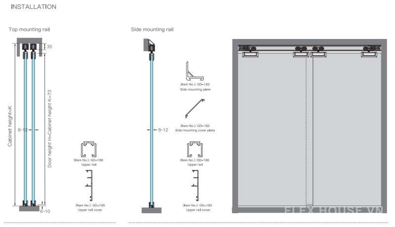 Bộ bánh xe cửa trượt cửa kính dày 8-12mm Taura T903E 7