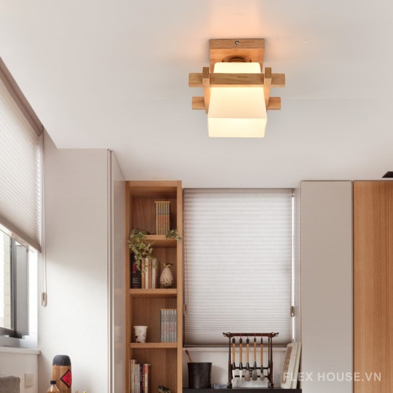 Đèn trần gỗ chao thủy tinh tứ giác độc đáo SBS9506