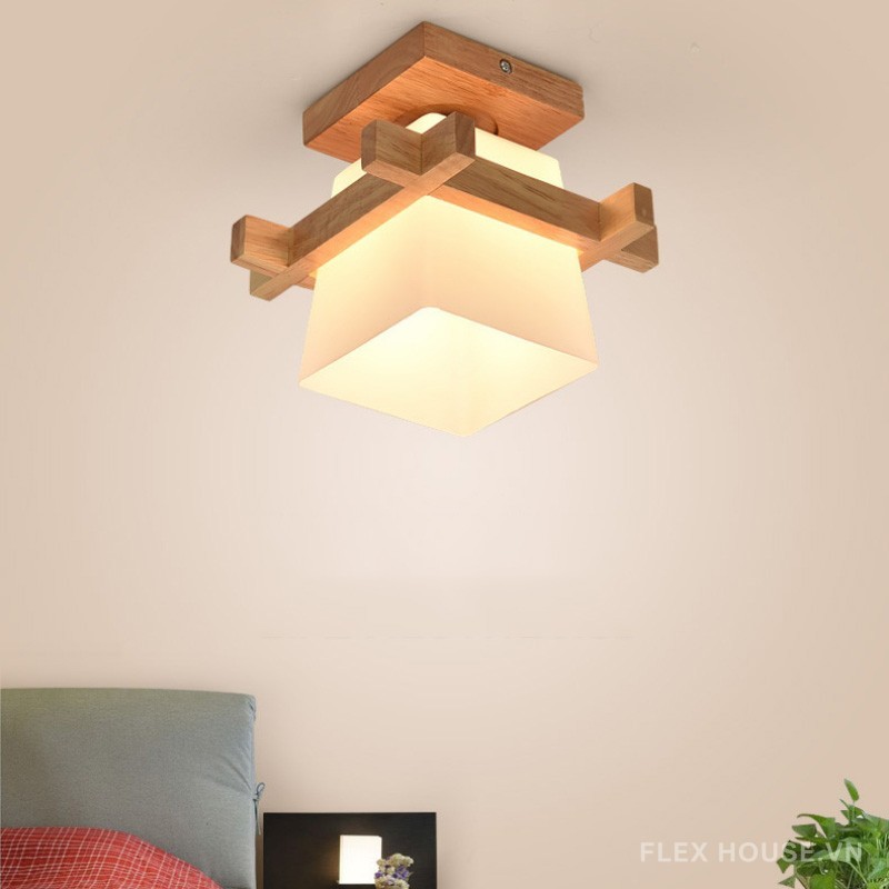 Đèn trần gỗ chao thủy tinh tứ giác độc đáo SBS9506