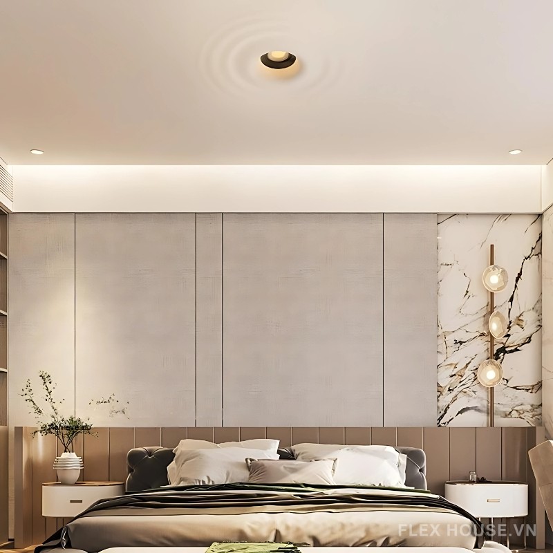 Đèn LED âm trần hoa văn gợn sóng tăng tính sang trọng cho không gian phòng ngủ