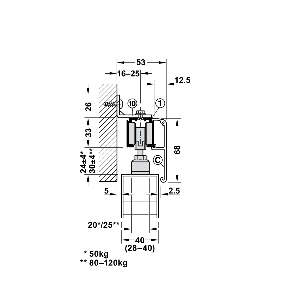 Phụ kiện cửa trượt cho cửa đi 120Kg Hafele 941.02.036
