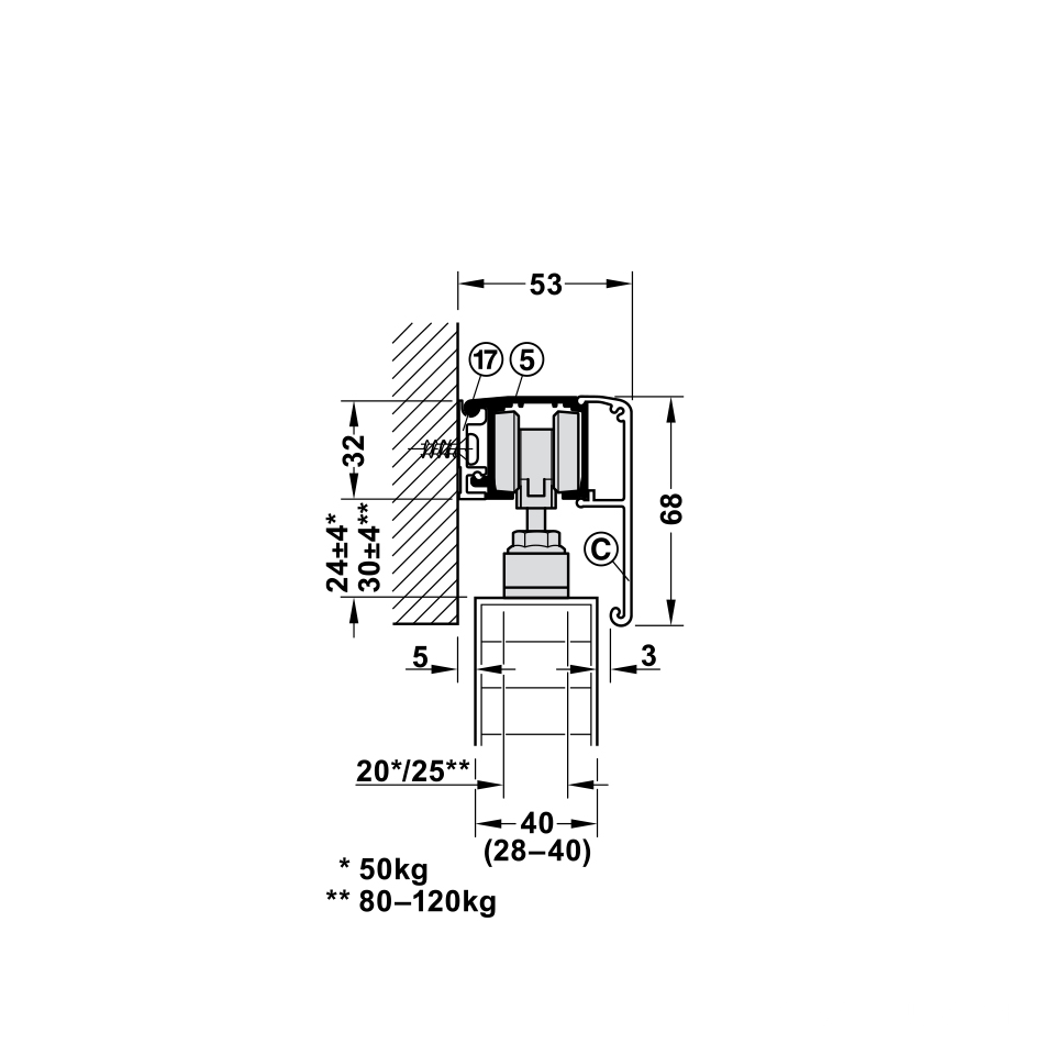 Phụ kiện cửa trượt cho cửa đi 120Kg Hafele 941.02.036