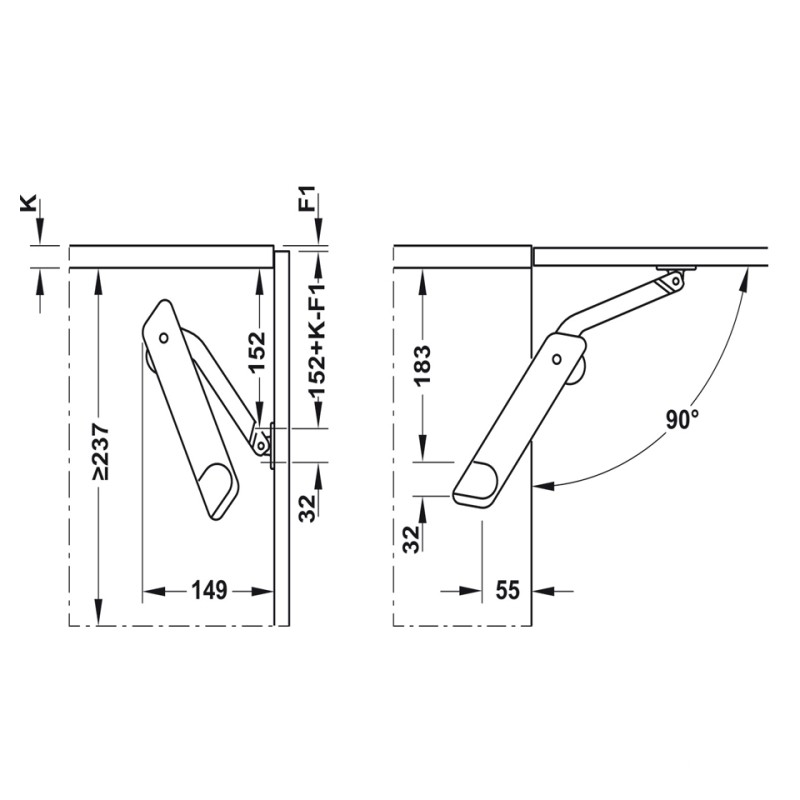 Tay nâng Flap H1.5 Loại B Trái Hafele 493.05.343
