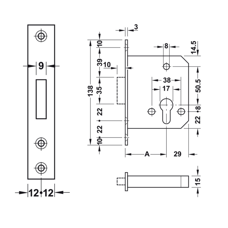 Thân khóa chốt chết cho cửa phẳng Hafele 911.22.490