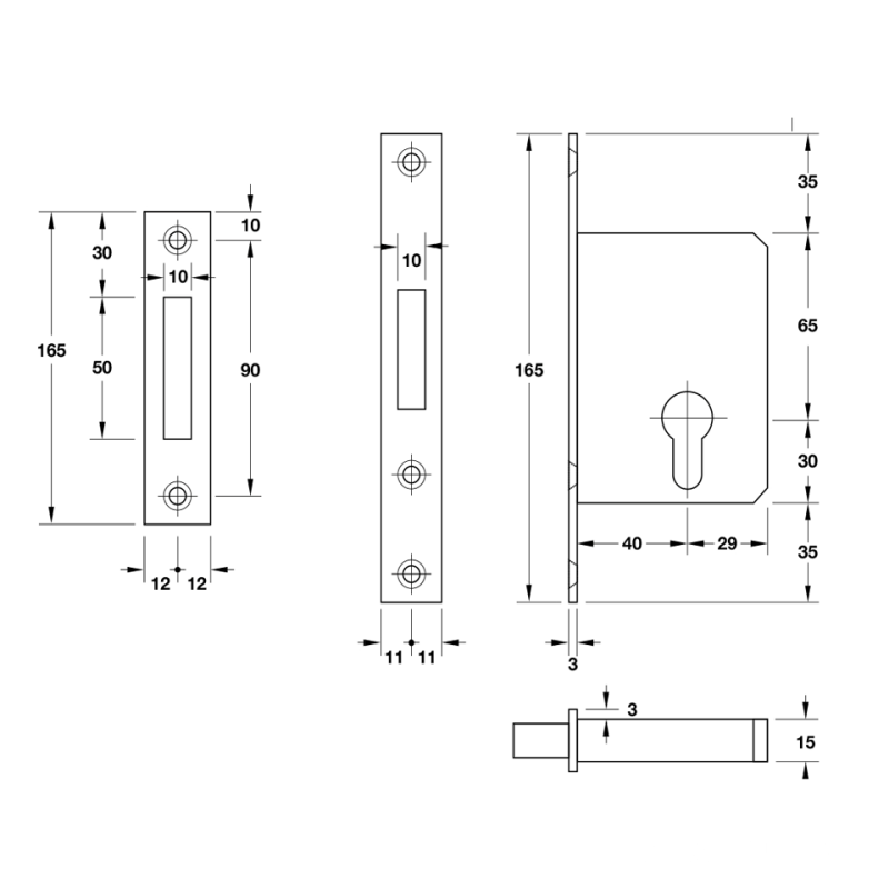 Thân khóa inox cho cửa trượt Hafele 911.26.413