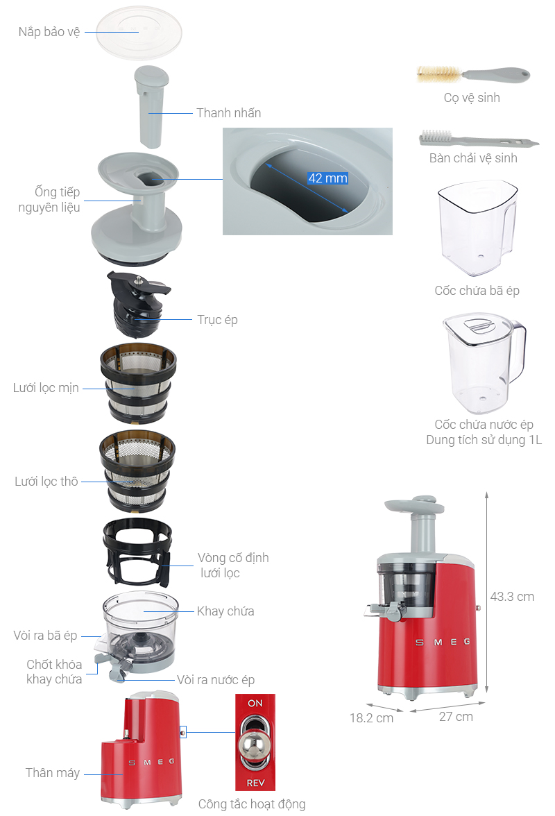 Máy ép chậm màu đỏ Smeg SJF01RDEU 535.43.629 6